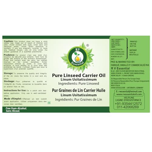 R V Essential Pure Linseed Carrier Oil 30ml (1.01oz)- Linum Usitatissimum (100% Pure and Natural Cold Pressed)
