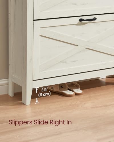 VASAGLE Farmhouse Shoe Cabinet Narrow Storage Organizer with 2 Flip Drawers - Rustic White, 9.4 x 34.3 x 34.6 inches