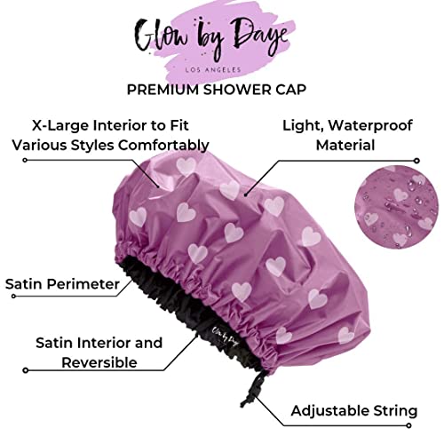 Reversible Satin Lined Shower Cap for Hair Protection - Large Pink Heart Variation