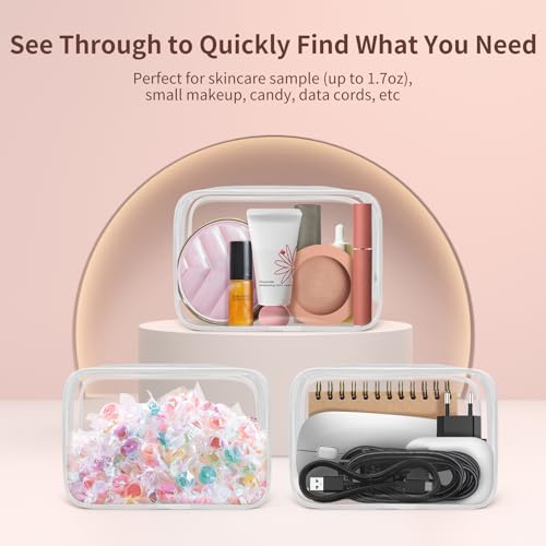 TISRATOK 12 PCS Clear Makeup Bag for Women with Zipper, TSA Approved Toiletry Pouch, Cosmetic Bag Bulk for Travel Organizer Essentials - White,Small