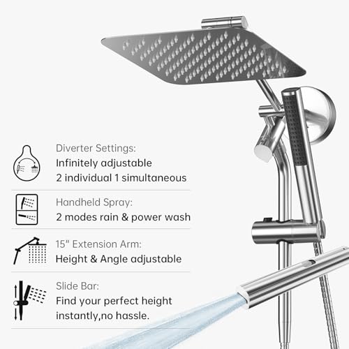 Veken 10-Inch Luxurious Rain Shower Head with Handheld & Extension Arm - Chrome - Mainstream Pick