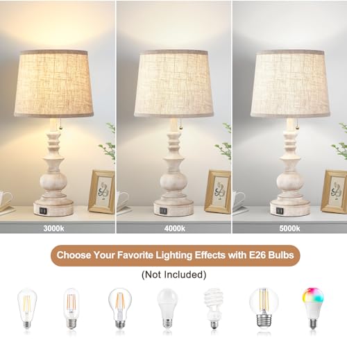 22-Inch White Farmhouse Table Lamps Set of 2 with USB Charging Ports - Nightstand Side Lamps for Bedroom & Living Room