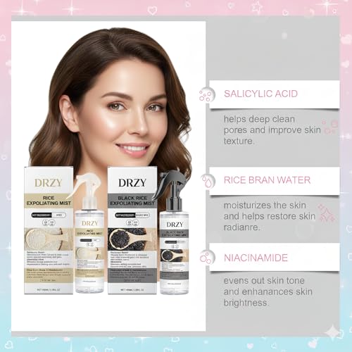 Rice & Black Rice Exfoliating Mist Set ? Dual Hydrating Skin Rejuvenation Mists with Rice Bran Water, Niacinamide & Hyaluronic Acid, Face & Body Care Duo(Rice & Black Rice)