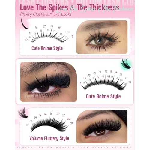 Spikes Eyelash Clusters Volume Lash Clusters Kit DIY Salon-Grade Lash Extensions Spiky Individual Lashes Extension Kit 12-21mm Cluster Eyelash Extensions Kit Manga Lashes Clusters with Bond and Seal