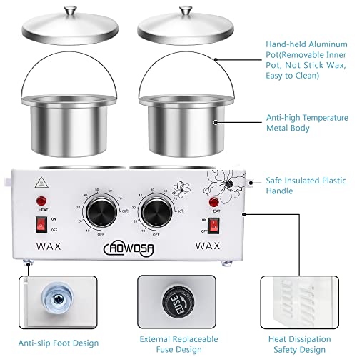 Professional Waxing Kit Wax Warmer Double Pot Wax Heater Machine for Hair Removal, Large Waxing Pot for Spa Salon Beauty Esthetician Home, with Adjustable Temperature Set, 50 Stick & 20 Collar(White)