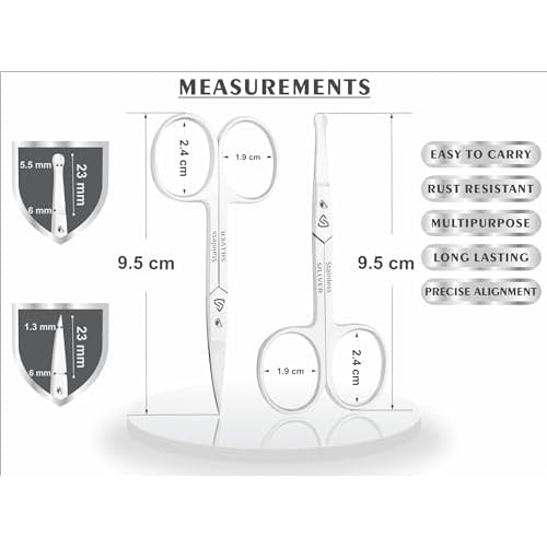 SILLVER Facial Hair Small Grooming Scissors for Men Women - Rounded and Curved - Eyebrow, Nose, Beard, Mustache, Eyelashes, Dry Skin and Ear Hair Trimming Scissors