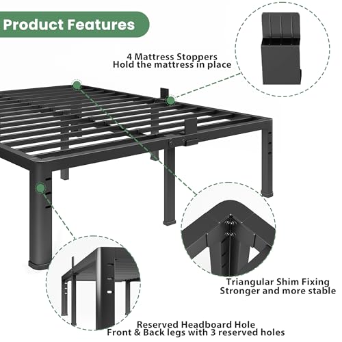 NKZ 14 Inch Full Size Metal Platform Bed Frame with Rounded Corner Legs, Heavy Duty Steel, Under Bed Storage