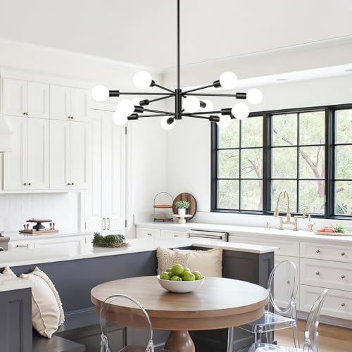 12-Light Matte Black Modern Sputnik Chandelier - Adjustable Height Ceiling Light Fixture