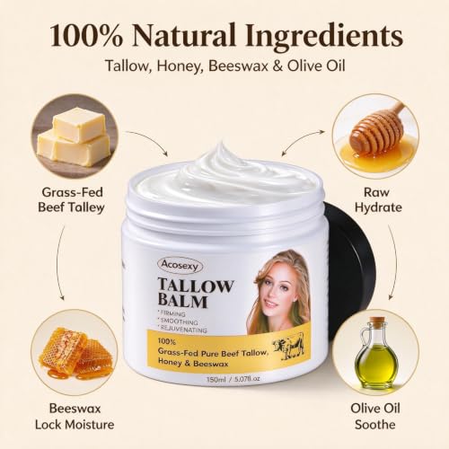 Grass-Fed Beef Tallow & Honey Skin Moisturizer - Deep Hydration Balm, 5.07 Oz
