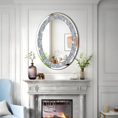 DMDFIRST 32x24 Inch Frameless Oval Crystal Bling Mirror Wall Decor - Silver