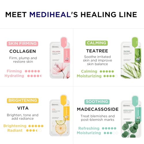 Mediheal Sheet Mask 16 Pack - Collagen, Tea Tree, Madecassoside, Vitamins | Korean Skin Care