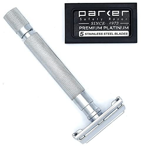 Long Handle Satin Chrome Safety Razor for Men with 5 Blades