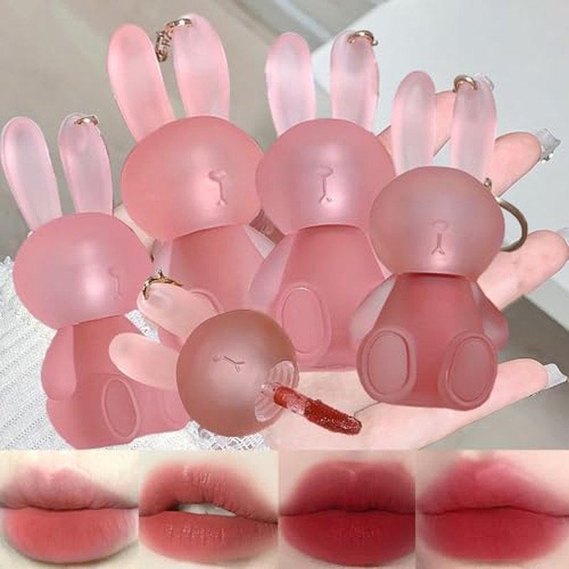 4 Colors Velvet Matte Liquid Lipstick set, Cute Rabbit Lip Glaze 2 in 1 Key Chain Lip Gloss Lip Stain, Waterproof Non-Stick Cup Long Lasting Lip Clay Cute Lip Makeup for Girls