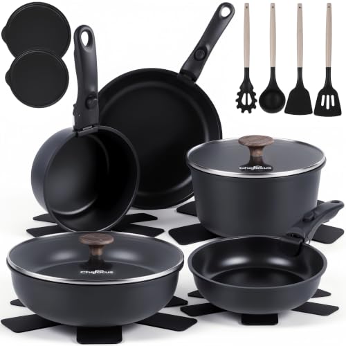 Chefocus 20-Piece Ceramic Nonstick Cookware Set with Detachable Handles, Induction Ready, Space-Saving Stackable