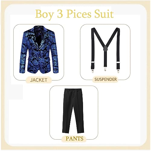 MAGE MALE Boys 3 Pieces Suit Colour Jacquard Slim Fit Jacket Pants Set for Wedding Prom Party Tuxedo with Kids Suspenders