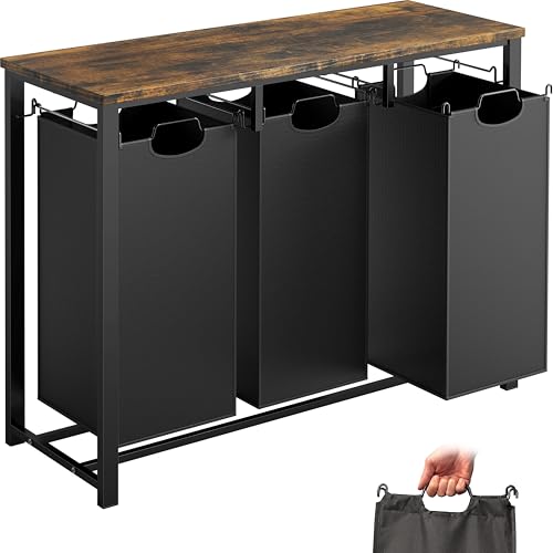 Laundry Sorter with Tabletop Shelf - 3-Section Steel Frame, Rustic Brown