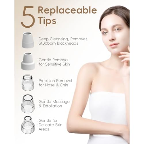 Rechargeable Blackhead Vacuum Pore Cleaner - 5 Attachments & 3 Suction Levels for Deep Facial Cleansing, USB-Powered Blackhead Remover for Women and Men (White)