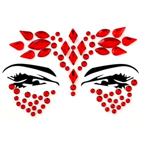 Face Gems, Face Jewels - Self Adhesive- Face Glitter Jewel Tattoo Sticker Festival Gems Rave Party Body MakeUp Rhinestone Gems for Eyes Face Body, face gems for festivals, Halloween (Red 68)