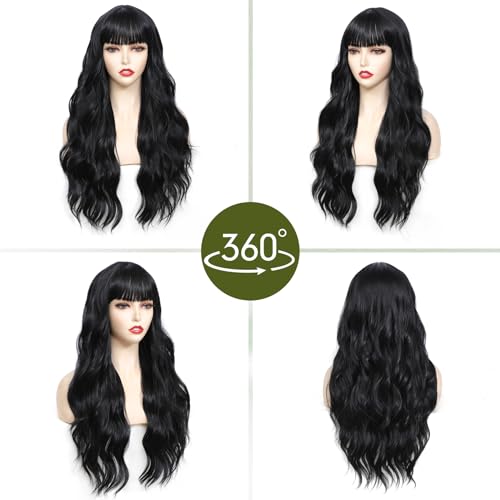 Black Long Wavy Wig with Bangs - 26 Inch Synthetic Curly Hair for Women - Angzon