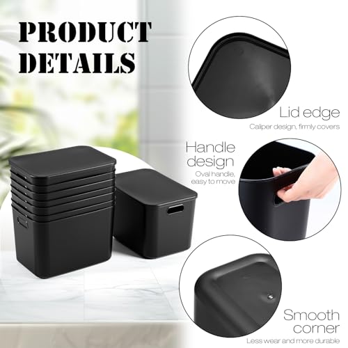 Storage Bins with Lids - 8 Pieces, 14.2 x 10.2 x 9.5 Inch Black Plastic Organizer