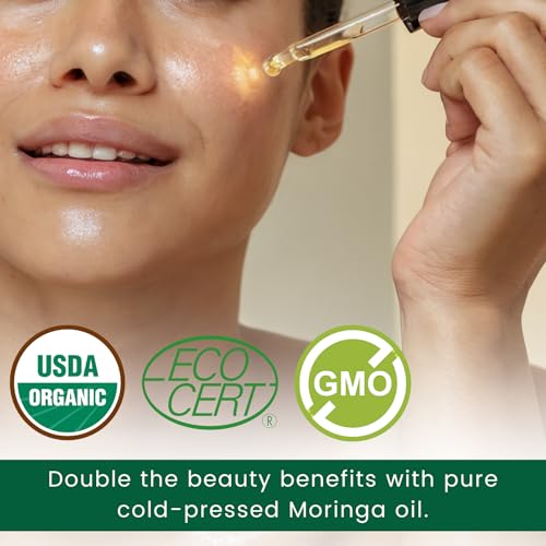 Organic Moringa Oil Bundle ? Cold Pressed, Extra Virgin, 100% Pure, Food Grade ? 4oz Full Size + 1oz Travel Bottle ? Deep Moisturizing, Anti-Aging, Multi-Purpose Skin & Hair Oil