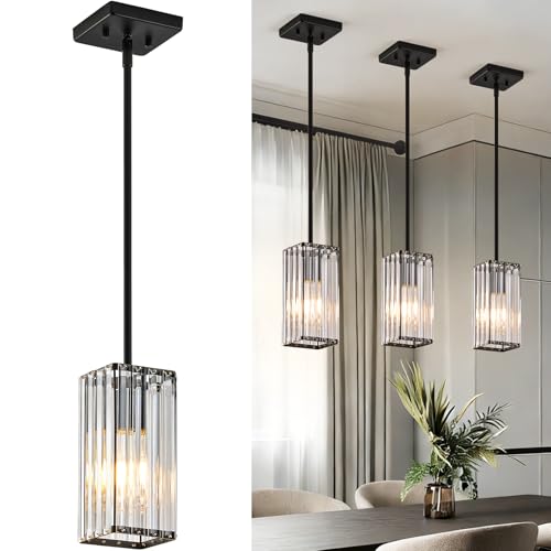 Kvhiiw 3-Pack Black Crystal Pendant Lights for Kitchen Island & Dining Room - Adjustable Height, Dimmable, Modern Design