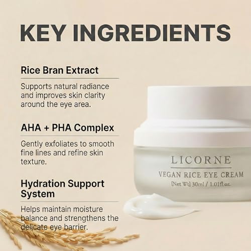 LICORNE Vegan Rice Eye Cream for Dark Circles and Puffiness - Thick Butter Texture Under Eye Care with AHA & PHA, Fragrance Free Hydration for Sensitive Skin, Large 1.01 Fl Oz (30ml)