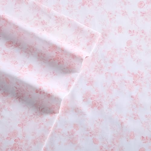 Queen Cotton Sateen Sheet Set with Pink Floral Design - Bella Pink