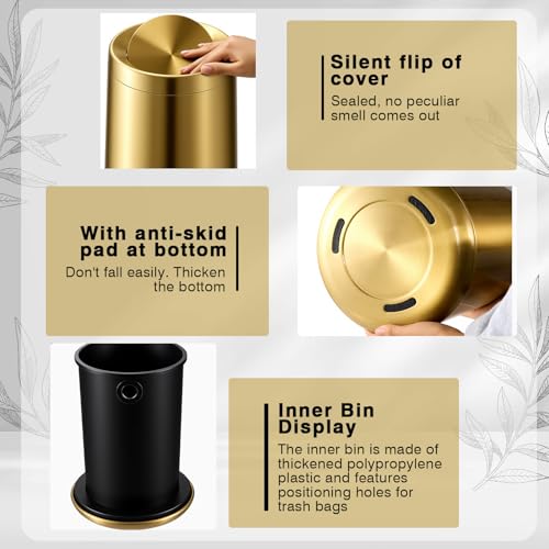 Gold Bathroom Trash Can with Lid and Toilet Brush Set - 2.6 Gallon