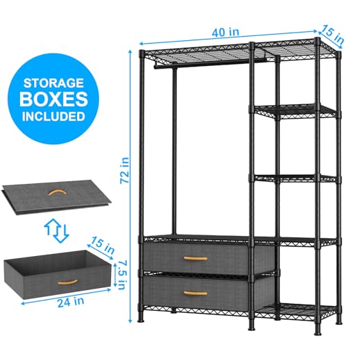 Black Heavy Duty Freestanding Clothes Rack with Fabric Drawers - Adjustable & Portable, 72 Inch Height