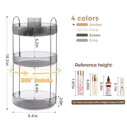 3-Tier Grey Rotating Makeup Organizer with Brush Holder - Upgraded Countertop Storage for Women