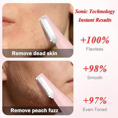 Pink Sonic Dermaplane Razor for Women - Peach Fuzz Hair Removal with 12 Refill Blades