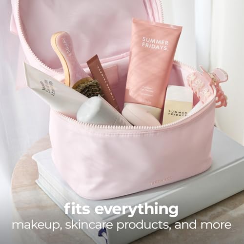 Pink Makeup Bag with Zipper & Bow - Travel Cosmetic Organizer