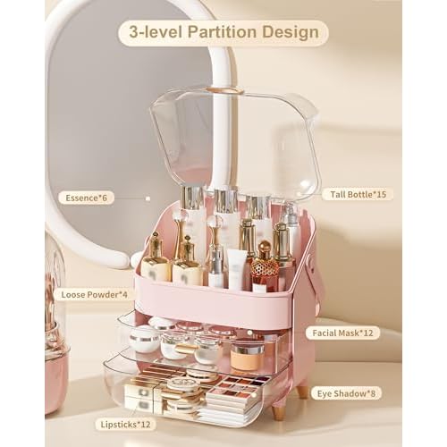 Makeup Organizer Countertop, Skincare Holder Bathroom Counter Organizer, Storage Box Cosmetic Display Cases, Teen Girl Gifts Make up Organizers for Vanity, Dresser (Pink) | Skincare Holder, Teen Girl Gifts, Trendy Stuff, Make up Organizers