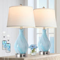 Blue Gray Accent Table Lamp Set of 2 with USB Ports, Dimmable Touch Control, 22-Inch Art Glass Nightstand Lamps