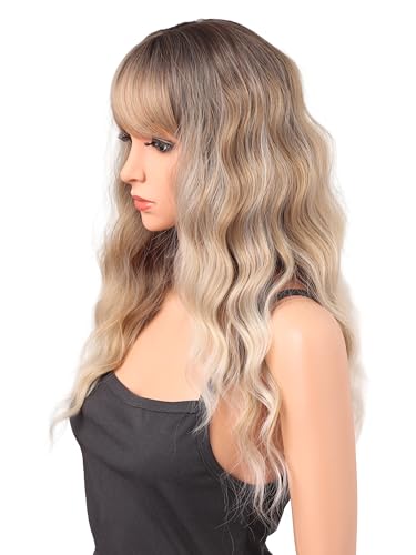 22 Inch Ash Blonde Wavy Wig with Bangs - Synthetic Heat-Resistant Hairpiece for Women