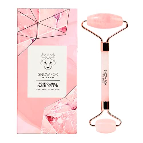 Snow Fox Skin Care Hand-Carved Rose Quartz Facial Roller ? Authentic Crystal Face Roller with Dual Ends, Noiseless Design & Real Quartz Handle ? Cooling, De-Puffing, Relaxing Self-Care Tool