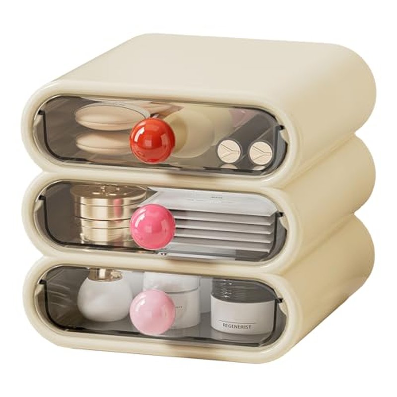 3-Drawer Desktop Organizer, Compact Vanity Drawer Organizer for Makeup, Small Plastic Drawer Containers for Bathroom, Cabinet