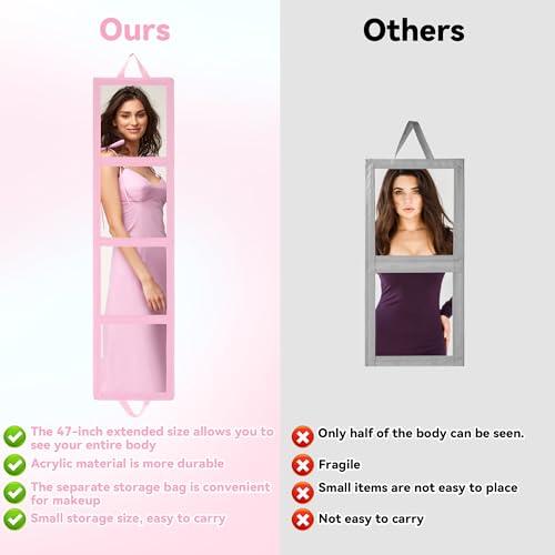 ROYALAY Foldable Full Length Mirror with Handle, 47 * 13in Four-fold Portable Mirror for Travel Makeup Dancing and Fitting Clothes, Pink