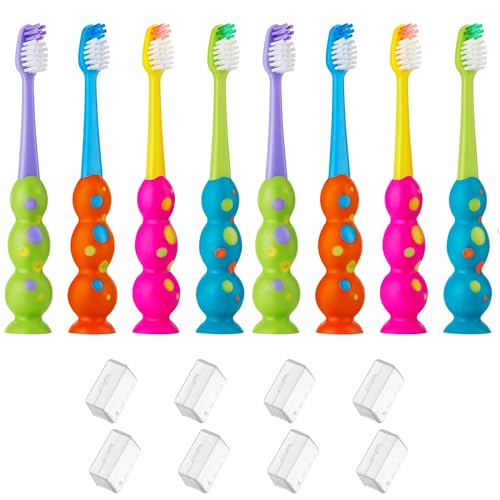 Kids Toothbrush 8 Pack - Soft Contoured Bristles, Child Size, Multi-Color with Suction Cup - Girl & Boy Set (3-10 Years)