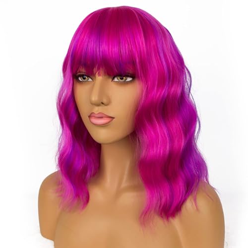 Dopdiz Rose Mixed Purple Short Wavy Bob Wig with Bangs for Women - Heat-Resistant Synthetic Cosplay Hair