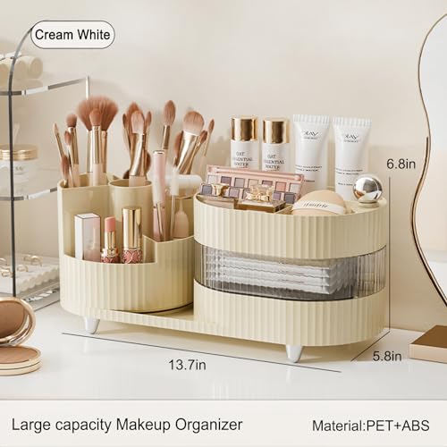 3 Layer Rotating Makeup Organizer with Drawer & Brush Holder - Ivory