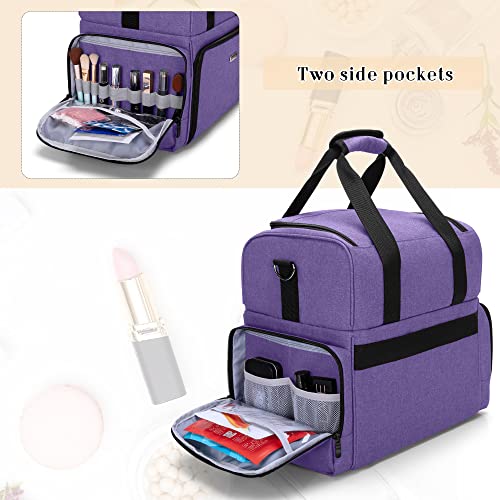 BAFASO 2 Layers Large Travel Makeup Bag with 3 Inner Removable Pouches, Cosmetic Bag with Detachable Dividers (Patented), Purple