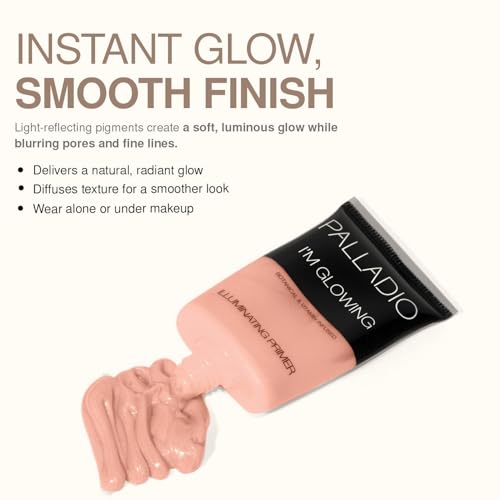 Palladio I'm Glowing Illuminating Primer, Pearly Pink Makeup Primer for Face, Contains Aloe Vera, Grape Seed Oil, Green Tea, Brightens Complexion, Combats Wrinkles, Fine Lines & Pores, 0.67 oz