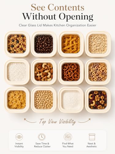12-Pack Square Glass Food Storage Containers with Glass Lids - 24oz, 40oz, 53oz - Kitchen Pantry Organization