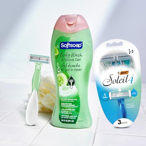 Softsoap Body Wash & Gel Cucumber, 20oz, pack of 1 + BIC Soleil Comfort 4-Blade Disposable Razors for Women Sensitive Skin Razor for a Smooth and Close Shave, 3 Piece Razor Set
