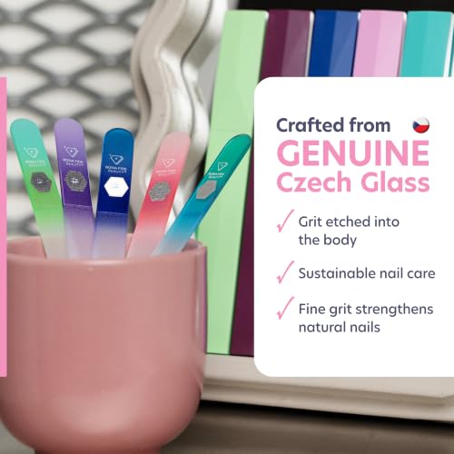 Bona Fide Beauty Czech Glass Nail File Set - 5 Reusable Manicure Files with Hard Cases