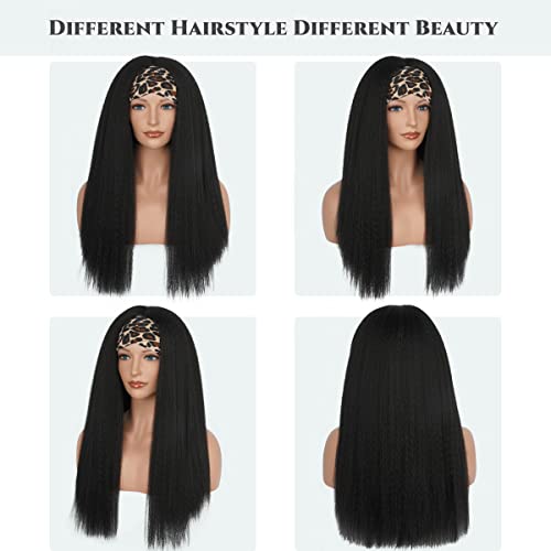 24 Inch Natural Black Kinky Straight Headband Wig - Glueless, Synthetic, for Black Women