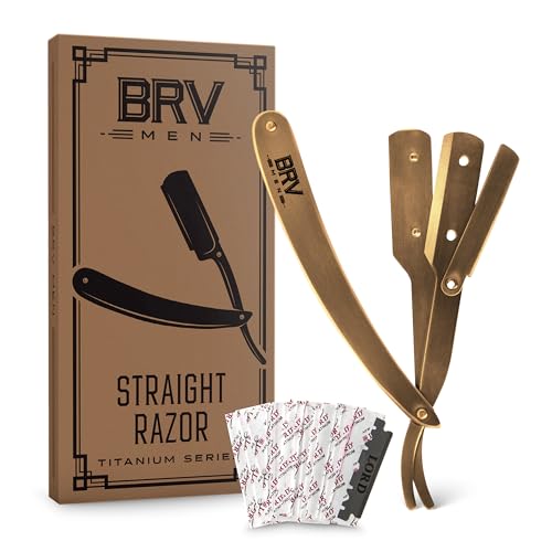 BRV Men Titanium Bronze Straight Razor Kit with Single Edge Blades - Professional Barber Shaving Tool