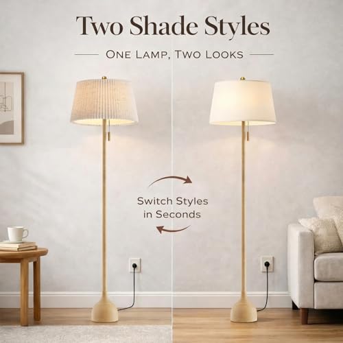 Mid Century Modern Wooden Floor Lamp with 2 Shades - Adjustable LED Lighting